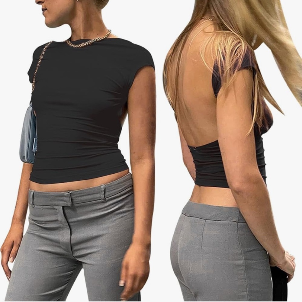 Amazon Black Backless Short Sleeve Top